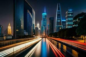 een stad Bij nacht met verkeer lichten en gebouwen. ai-gegenereerd foto