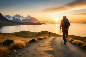 een Mens wandelingen Aan een pad in de bergen. ai-gegenereerd foto