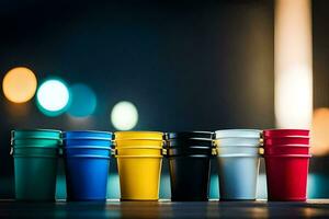 kleurrijk plastic cups bekleed omhoog Aan een tafel. ai-gegenereerd foto