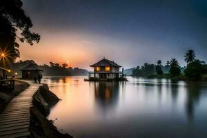 een huis Aan de water Bij zonsondergang. ai-gegenereerd foto