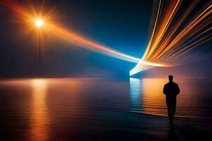 een Mens staand Aan de strand Bij nacht met licht paden. ai-gegenereerd foto