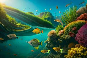 de oceaan is vol van kleurrijk vis en koraal. ai-gegenereerd foto