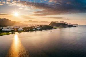 de zon sets over- de oceaan en bergen in rio. ai-gegenereerd foto