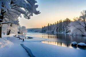 een besneeuwd rivier- met bomen en sneeuw. ai-gegenereerd foto