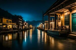 een kanaal in de midden- van een stad- Bij nacht. ai-gegenereerd foto