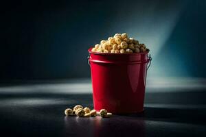 een rood emmer gevulde met popcorn Aan een donker tafel. ai-gegenereerd foto