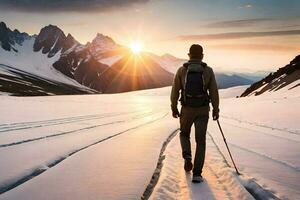 een Mens met een rugzak en ski polen wandelen aan de overkant een besneeuwd veld. ai-gegenereerd foto