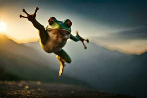 een kikker jumping in de lucht met de zon in de achtergrond. ai-gegenereerd foto