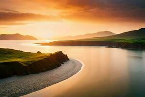 zonsondergang over- de oceaan en bergen in Ierland. ai-gegenereerd foto