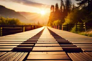 een houten brug met de zon instelling achter het. ai-gegenereerd foto