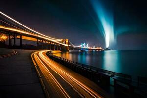 een lang blootstelling foto van een brug Bij nacht. ai-gegenereerd