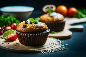 cupcakes met vers fruit en munt Aan een houten snijdend bord. ai-gegenereerd foto
