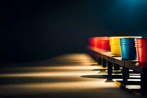 kleurrijk cups Aan een tafel in een rij. ai-gegenereerd foto