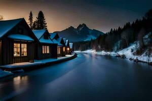 een cabine in de sneeuw Bij nacht met een rivier. ai-gegenereerd foto