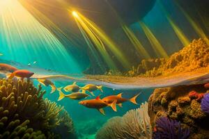 onderwater- tafereel met vis en koraal rif. ai-gegenereerd foto
