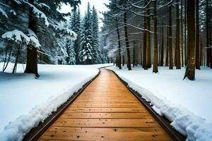 een houten pad in de sneeuw. ai-gegenereerd foto