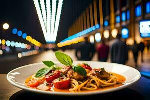 een bord van spaghetti met vlees en tomaten Aan een tafel. ai-gegenereerd foto