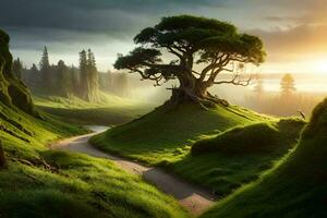 foto behang de lucht, bomen, gras, de zon, de weg, de boom, de. ai-gegenereerd