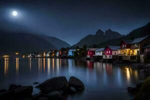 foto behang de maan, nacht, huizen, de zee, Noorwegen, Lofoten. ai-gegenereerd