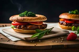 twee hamburgers met tomaten en aardbeien Aan een houten bord. ai-gegenereerd foto