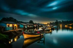 boten aangemeerd Bij nacht in een rivier- met huizen. ai-gegenereerd foto