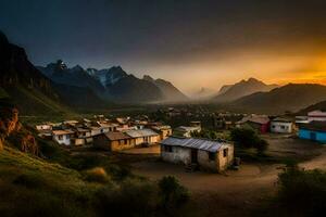 de zon sets over- een dorp in de bergen. ai-gegenereerd foto