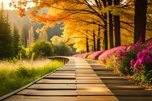 een loopbrug bekleed met kleurrijk bloemen en bomen. ai-gegenereerd foto