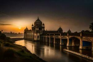 de zon sets over- een brug en een moskee. ai-gegenereerd foto