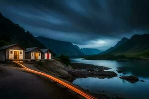 foto behang de lucht, bergen, water, huis, huis, de donker, de licht,. ai-gegenereerd