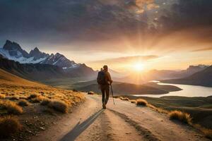 een Mens wandelingen Aan een pad in de bergen. ai-gegenereerd foto