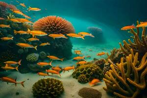 een koraal rif met veel oranje vis zwemmen in de water. ai-gegenereerd foto