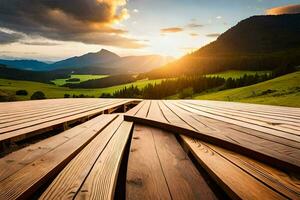 houten terrasplanken Aan een berg top. ai-gegenereerd foto
