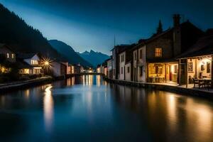 een kanaal in de midden- van een stad- Bij nacht. ai-gegenereerd foto