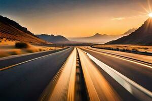 een snelweg met de zon instelling in de afstand. ai-gegenereerd foto