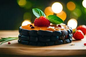 een taart met aardbeien en chocola Aan een houten tafel. ai-gegenereerd foto