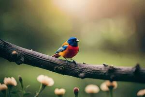 een kleurrijk vogel zit Aan een Afdeling in de zon. ai-gegenereerd foto