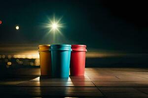 drie kleurrijk cups zitten Aan een tafel in voorkant van een helder licht. ai-gegenereerd foto