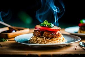 twee borden met spaghetti en vlees Aan hen. ai-gegenereerd foto