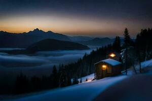 een cabine in de sneeuw met een licht schijnend Aan het. ai-gegenereerd foto