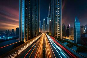 een stad Bij nacht met verkeer lichten. ai-gegenereerd foto