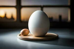 een ei en een klein ei Aan een tafel. ai-gegenereerd foto