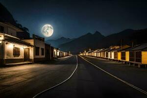 een straat Bij nacht met een vol maan in de lucht. ai-gegenereerd foto