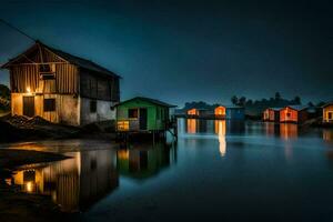 een rij van huizen Aan de water Bij nacht. ai-gegenereerd foto