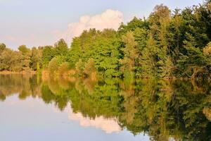 een meer omringd door bomen en water foto
