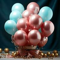 een boeket van roze en blauw ballonnen zittend Aan een tafel ai generatief foto