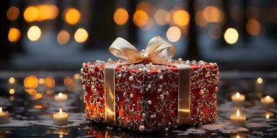 Kerstmis rood geschenk doos met decoratie Aan wazig gloeiend lichten achtergrond. feestelijk banier gestileerd samenstelling. foto
