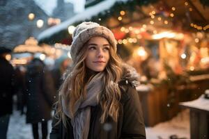 jong vrouw Aan Kerstmis markt met besneeuwd het weer, geniet winter vakantie het weer. ai gegenereerd foto