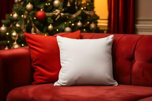 blanco wit hoofdkussen mockup Aan rood sofa met Kerstmis boom en lichten bokeh achtergrond. vakantie sjabloon samenstelling met decoratie. kopiëren ruimte. foto