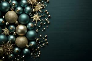 Kerstmis vlak leggen mockup met blauw ballen, goud sterren en kerstballen decoratie Aan donker achtergrond met kopiëren ruimte. top visie van winter vakantie concept samenstelling. foto