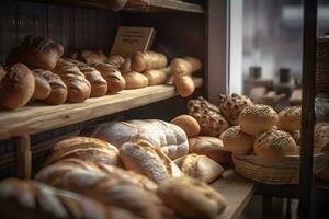 divers types van vers brood, broodjes en baguette Aan schappen in bakkerijon een rustiek tafel in een brood winkel voor ontbijt en middag thee. ai gegenereerd. foto